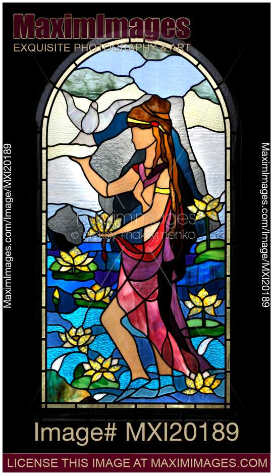 Stock photo Colorful Stained Glass Window Greek ornament of woman