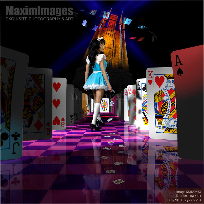 Alice in Wonderland surrounded by playing card Stock photo of Alice in Wonderland surrounded by playing card Buy commercial use license at MaximImages