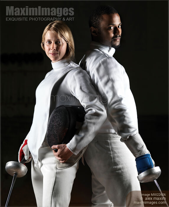 Photo of Portrait of Two Fencers in Fencing Uniform Stock Image MXI22606