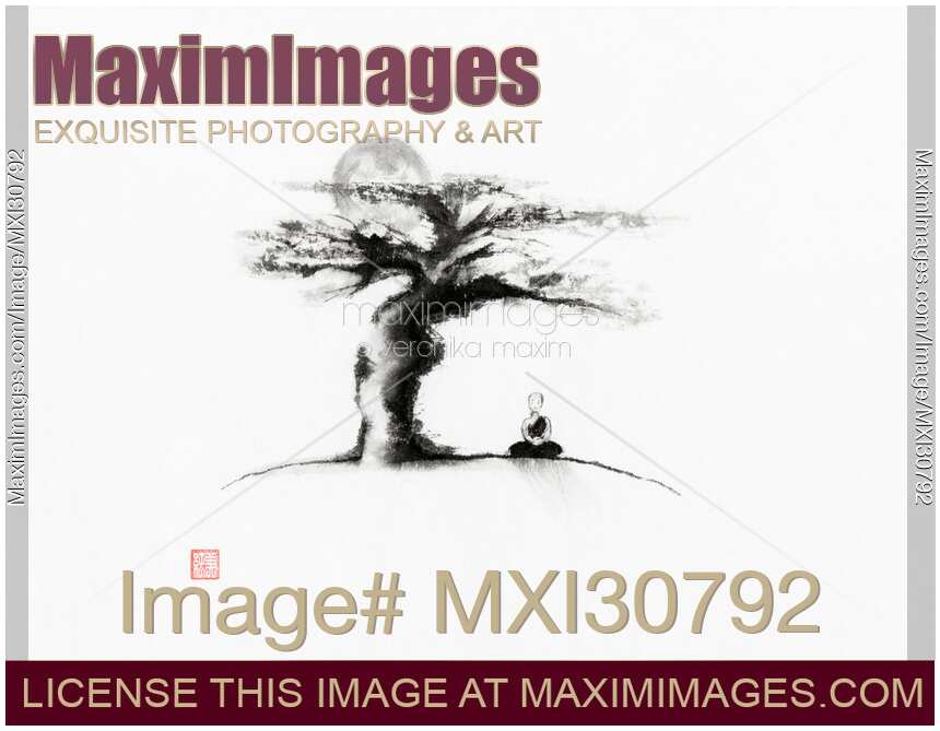 A monk meditating under an old tree in the moonlight Japanese Zen Sumi-e painting