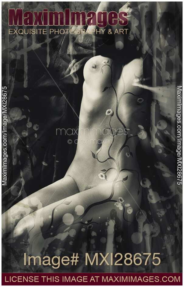 Abstract artistic nude artwork of woman body with cherry blossom design