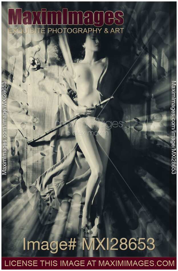 Abstract artistic nude photo of beautiful naked woman in with flute