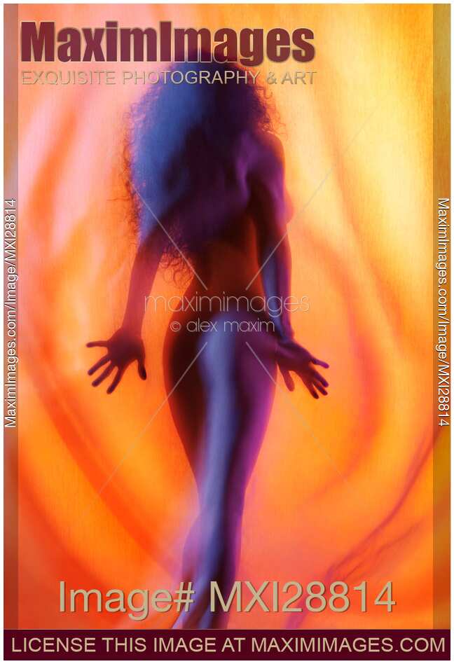 Abstract erotic nude woman silhouette behind red veil