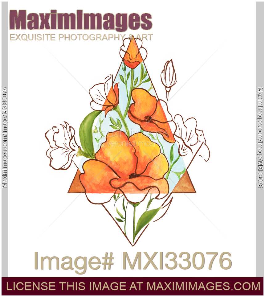 Abstract floral sacred geometry design with orange flowers and green leaves
