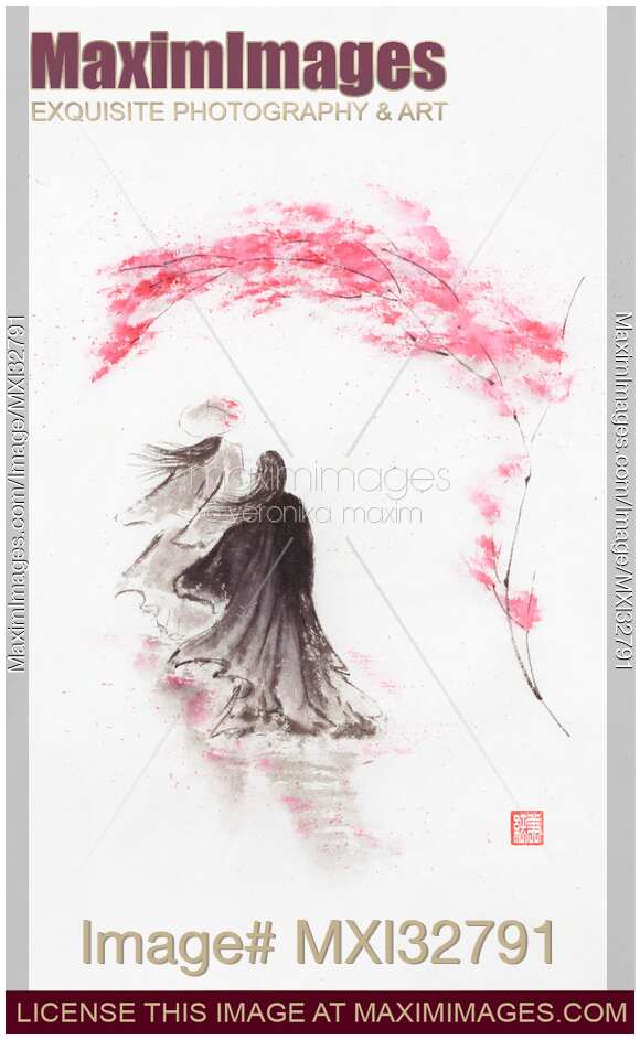 Abstract romantic Chinese brush Zen painting of a Taoist couple walking away under plum blossom in wind