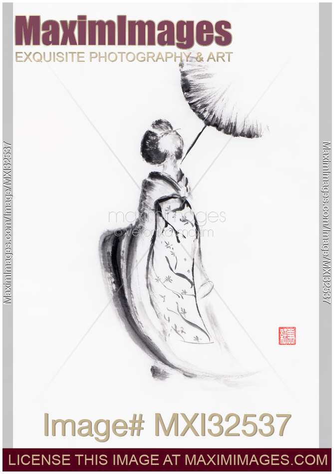 Abstract sumi-e painting of Maiko apprentice Geisha with a parasol