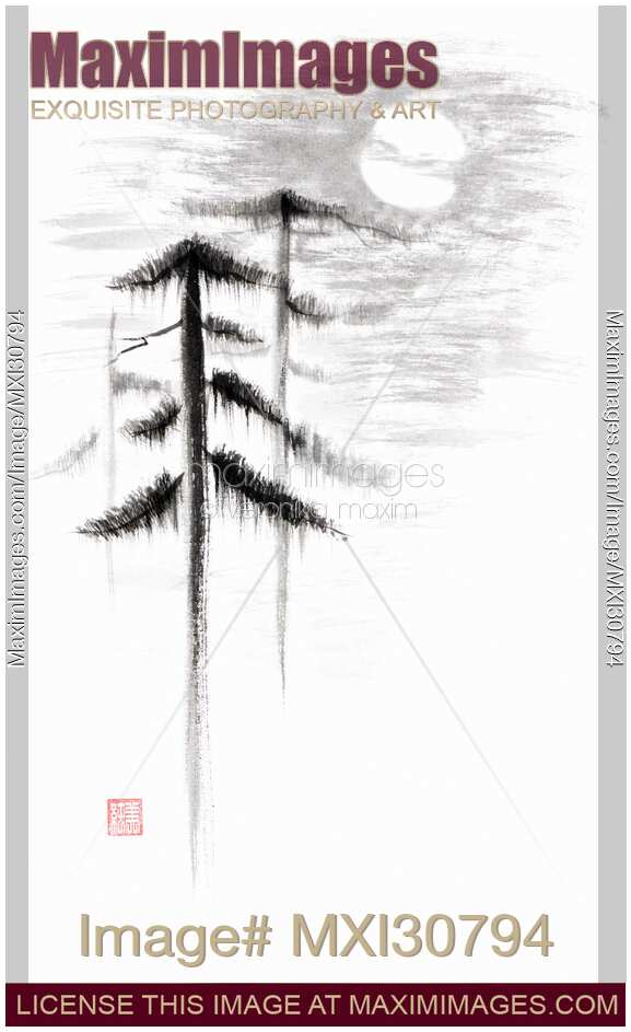 Abstract tall pine trees in the full moon Japanese Zen Sumi-e painting