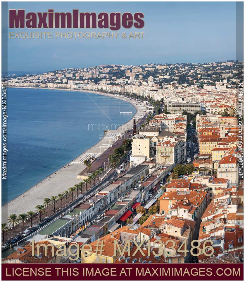 Aerial landscape city scenery of Nice, France on Mediterranean Sea shore in summer.