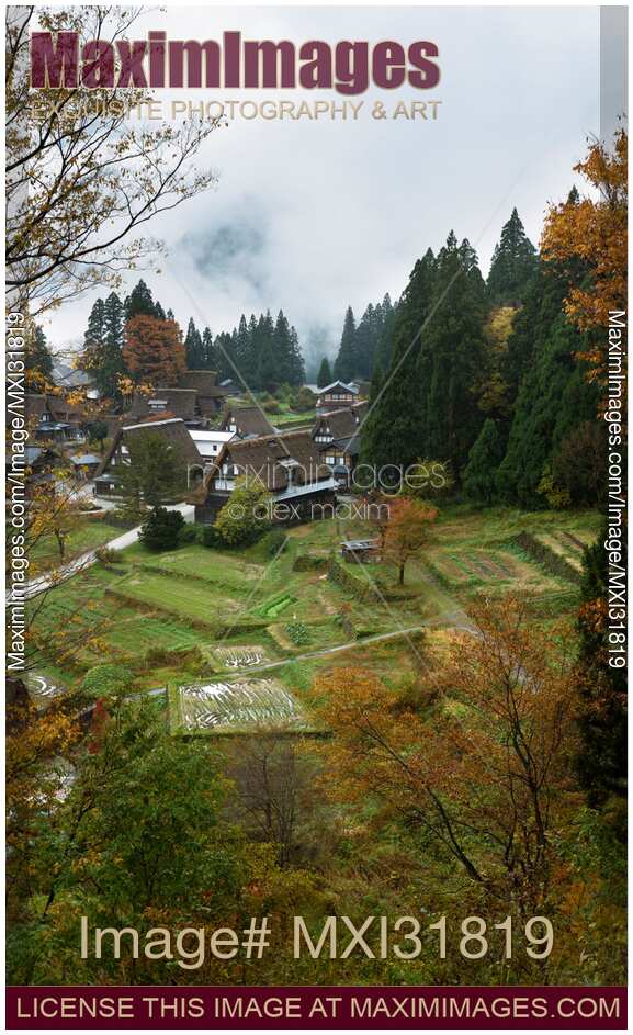 Aerial morning scenery of Ainokura Japanese mountain heritage village in fall Japan Gasshō-style houses