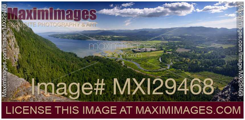 Aerial panorama of North Cowichan Valley nature scenery Vancouver Island