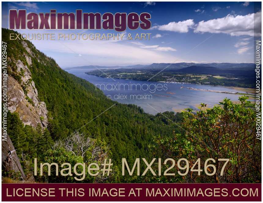 Aerial view of North Cowichan Valley and Genoa Bay nature scenery Vancouver Island