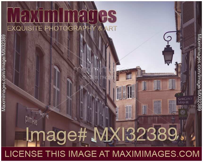Aix-en-Provence city artistic scenery of buildings and a street lamp under evening sky South of France