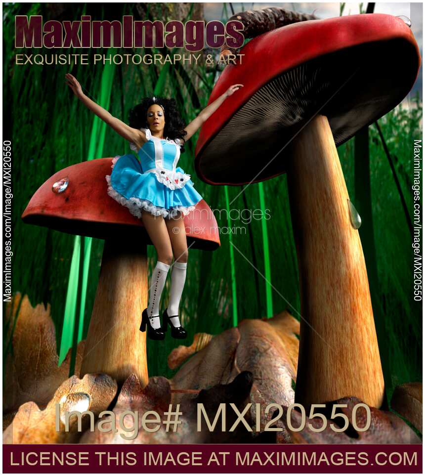 Alice in Wonderland falling from mushroom