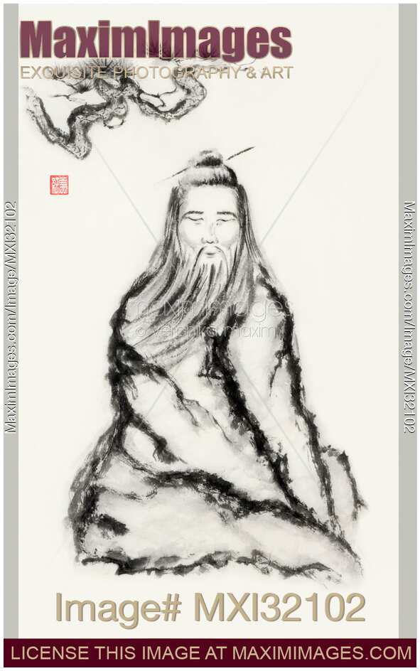 An old sage meditating under pine branch with a delighted smile on his face