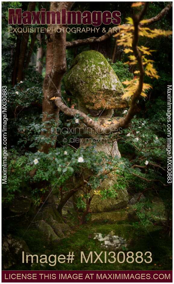 Ancient Japanese Ishidoro stone lantern at Tenjuan Temple pond Zen garden in Kyoto