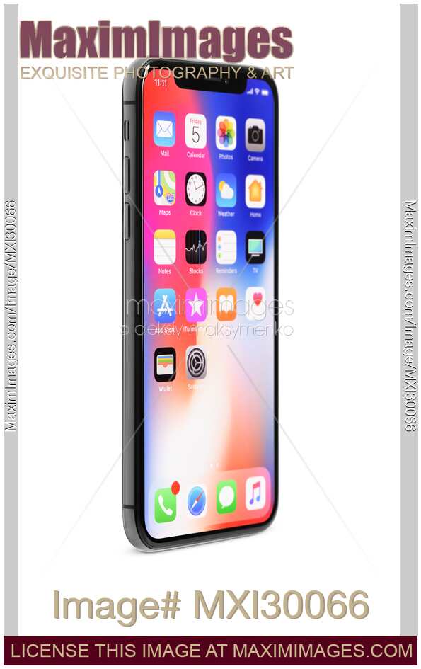 Apple iPhone X smartphone standing at an angle isolated on white background