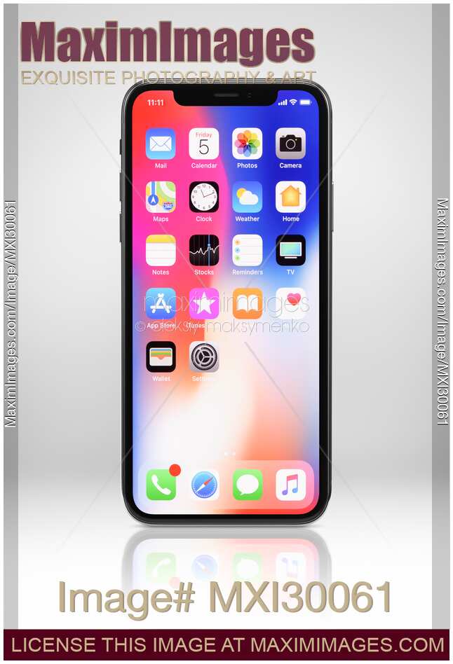Apple iPhone X smartphone with colorful desktop on display isolated on light gray background
