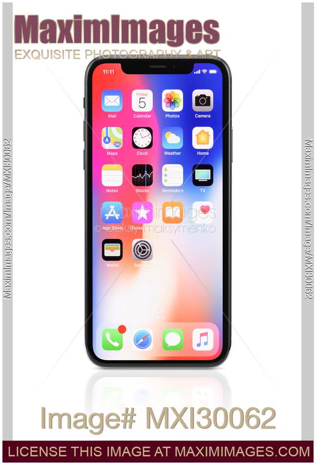 Apple iPhone X smartphone with colorful desktop on display isolated on white background