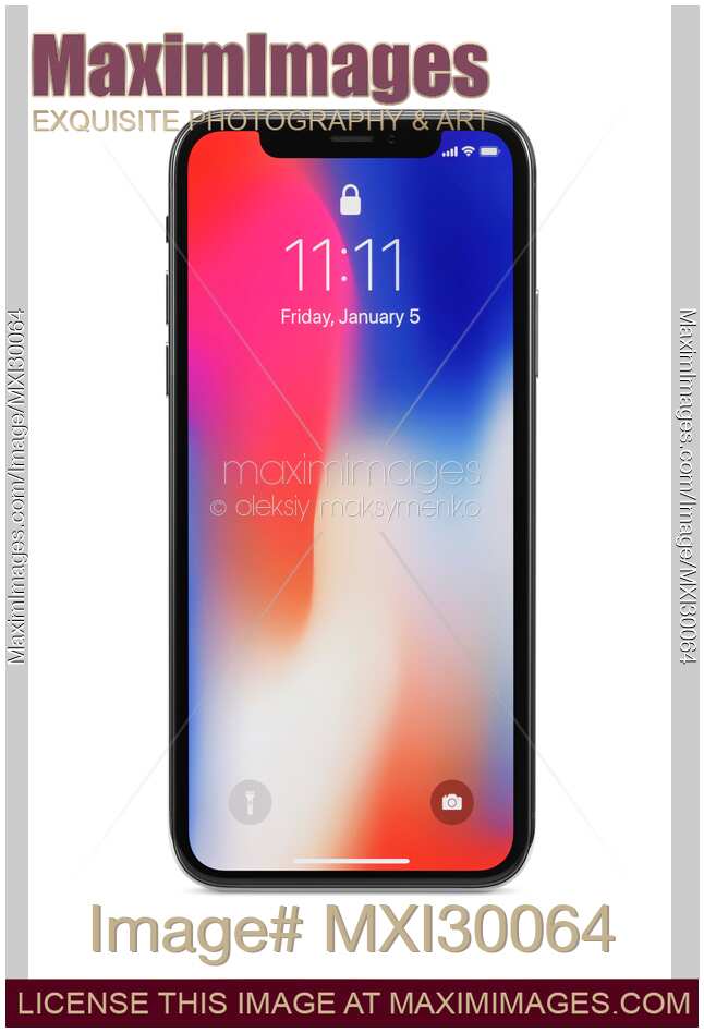 Apple iPhone X smartphone with colorful locked screen isolated on white background