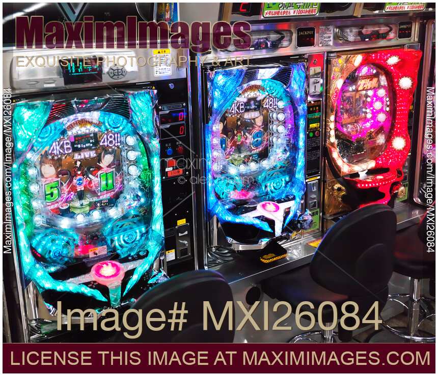 Arcade with colorful slot machines in Japan