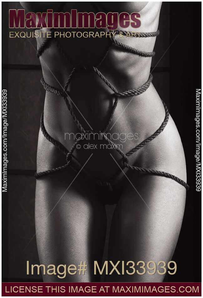 Art nude closeup of beautiful naked woman body with hemp Shibari bondage ropes tied in Tortoise shell pattern. Black and white.