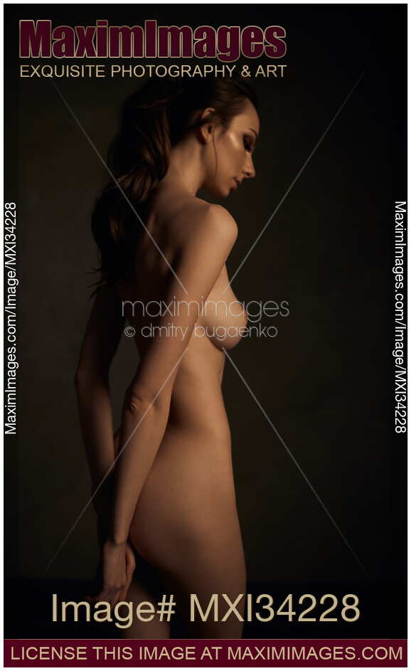 Art nude portrait of a beautiful woman standing thoughtfully in a dark room with dim light outlining her naked body