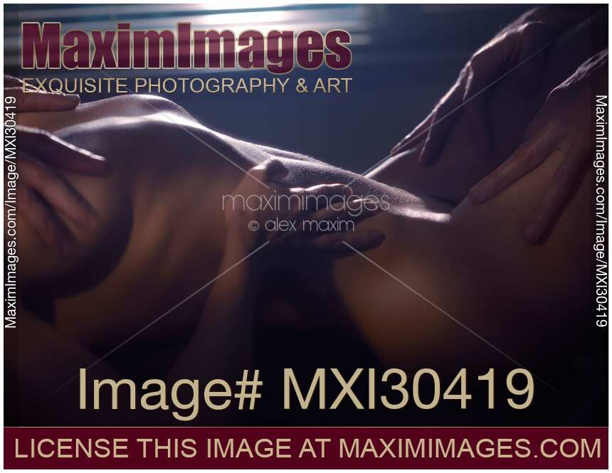 Art nude sexual fantasy of a beautiful naked woman body and hands of two men caressing her