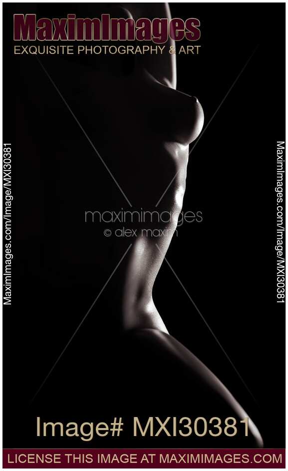 Artistic black and white abstract nude body outline of a woman breast and waist