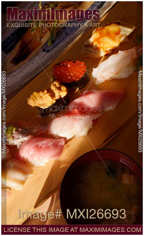 Artistic closeup of food at Japanese sushi restaurant