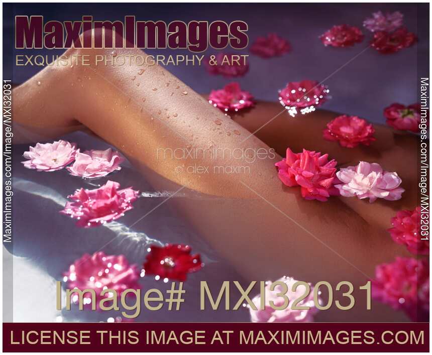Artistic closeup of nude woman legs in a bath with pink roses floating in water