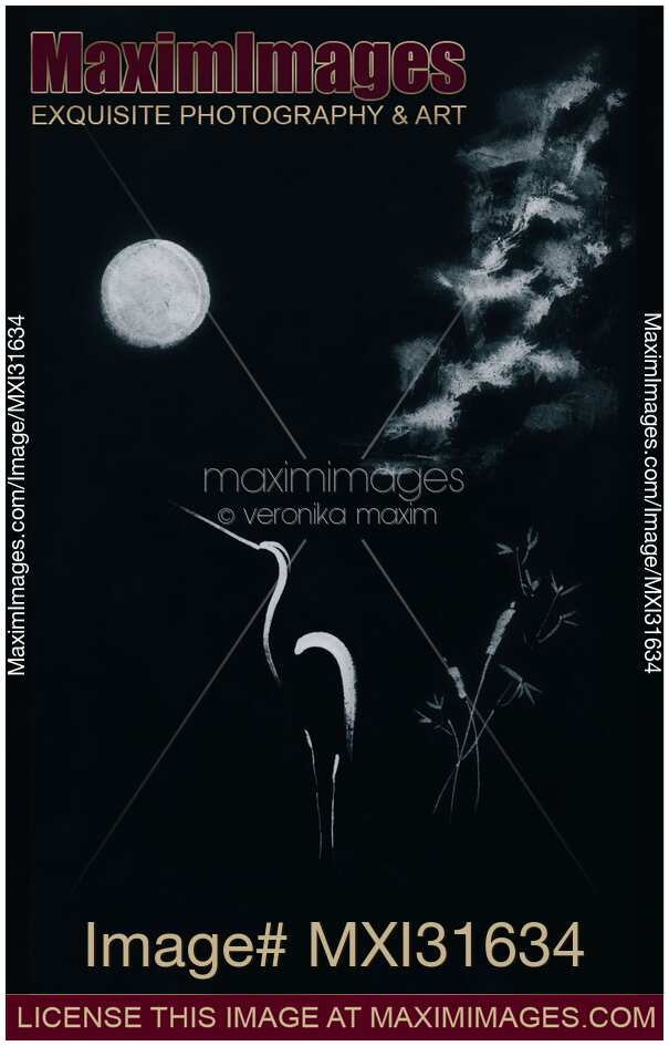 Artistic dark sumi-e landscape artwork of a heron in a pond under the full moon at night