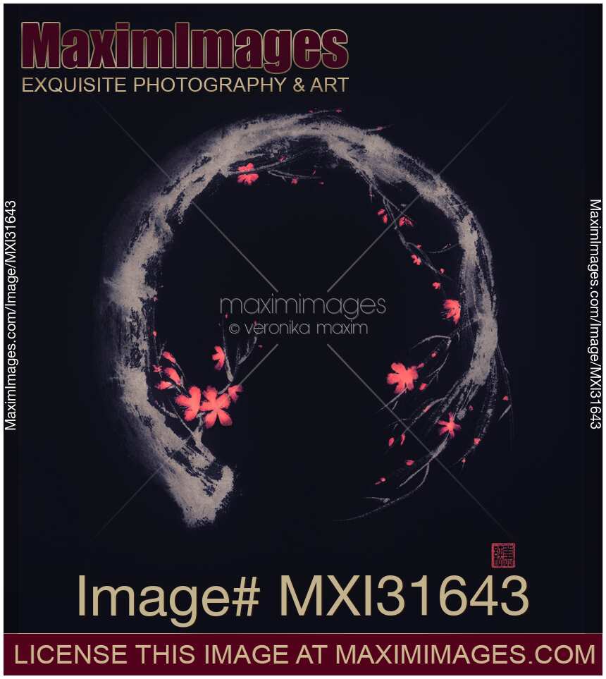 Artistic design of Enso circle in shape of sakura branch with red flowers on black background sumi-e artwork
