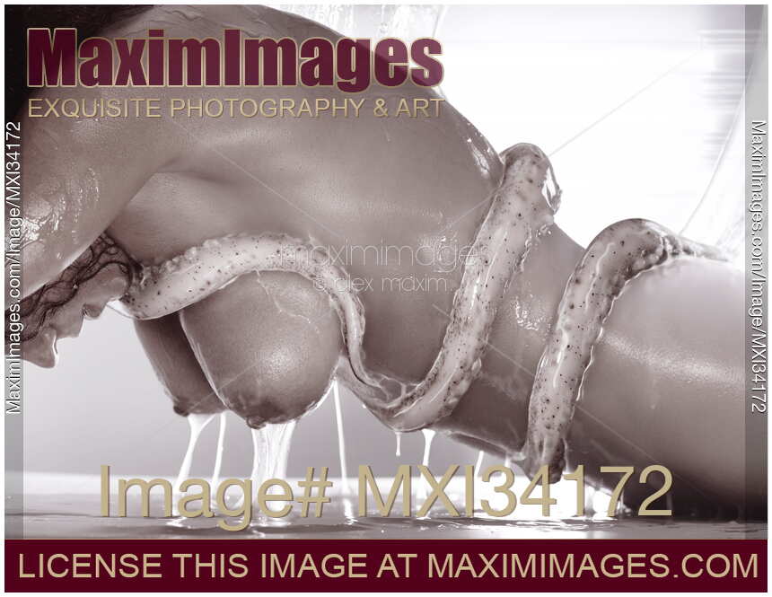 Artistic erotic sci-fi monochrome photo of a nude woman with slimy tentacles wrapped around her naked body