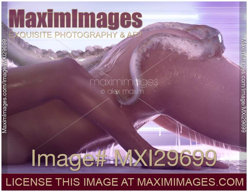 Artistic erotic sci-fi of a nude woman with slimy giant tentacle wrapped around her sexy naked body