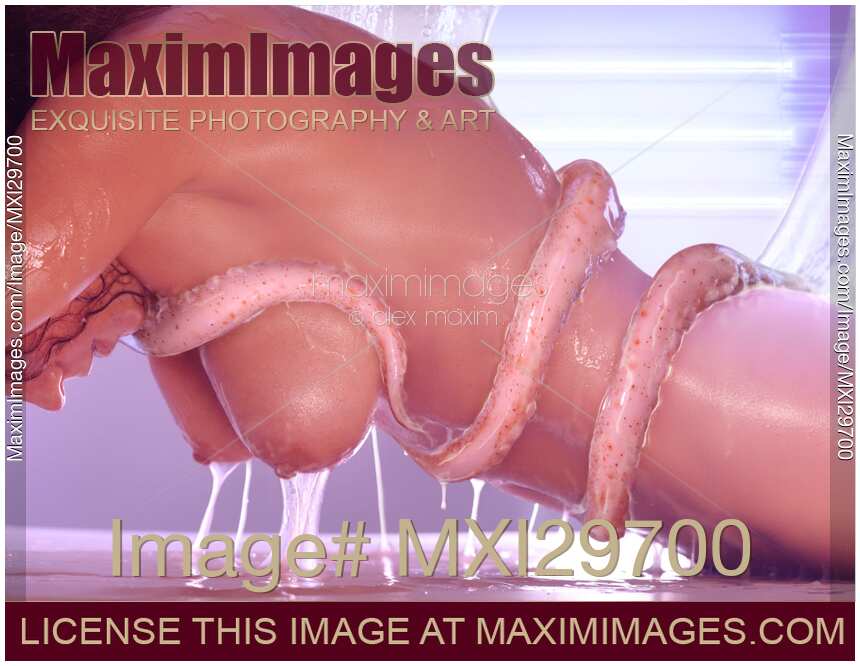 Artistic erotic sci-fi of a nude woman with slimy tentacles wrapped around her naked body