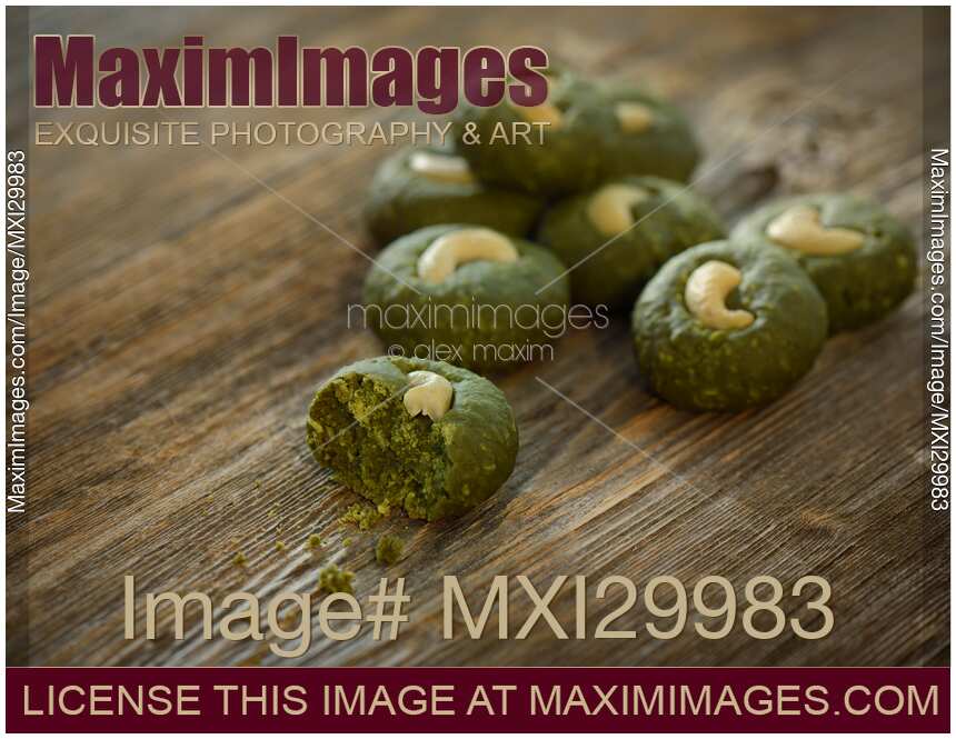 Artistic food still life of home-made Japanese Matcha green tea cookies