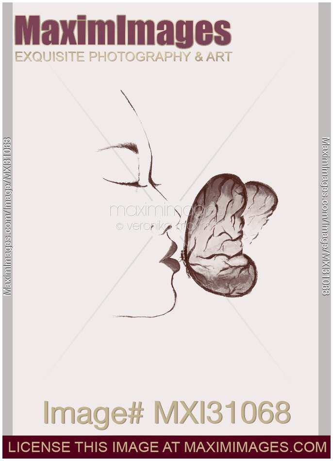 Artistic illustration of a beautiful woman kissing a butterfly