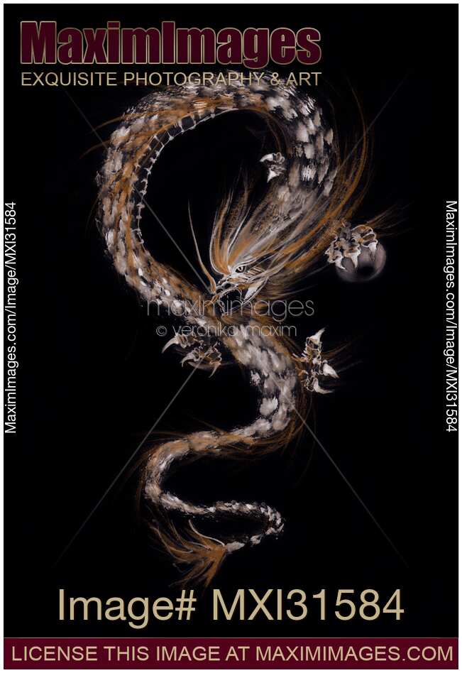 Artistic illustration of a fire dragon protecting the pearl of wisdom on black