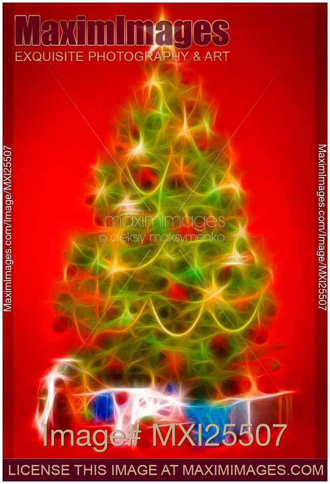 Artistic illustration of Christmas tree with presents on red
