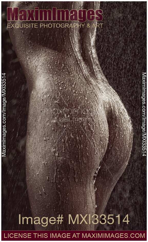 Artistic nude closeup of sexy naked woman body, wet shiny back and buttocks under showering rain