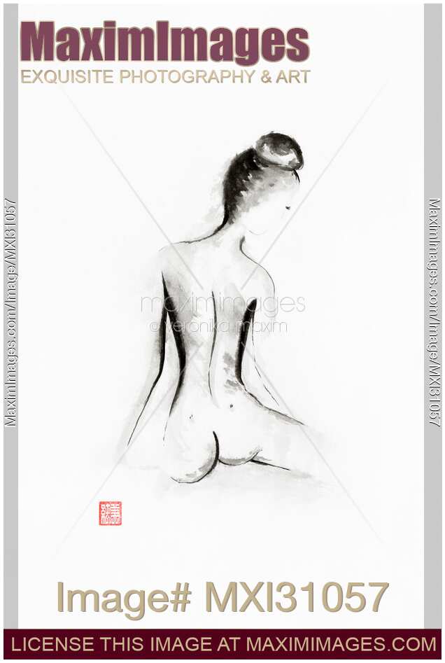 Artistic nude sumi painting of a sitting naked woman back