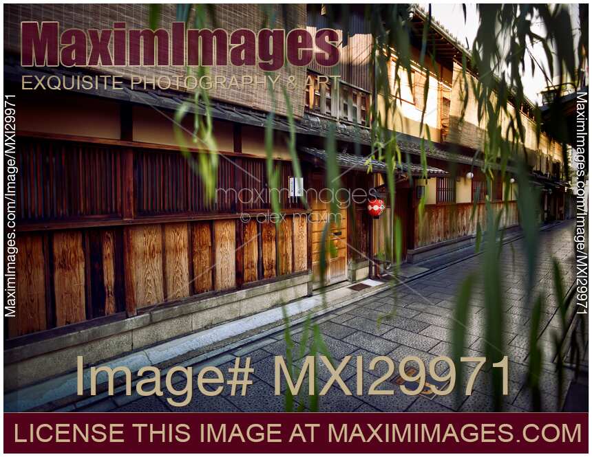 Artistic photo of Japanese restaurant front entrance through tree leaves Gion Kyoto Japan