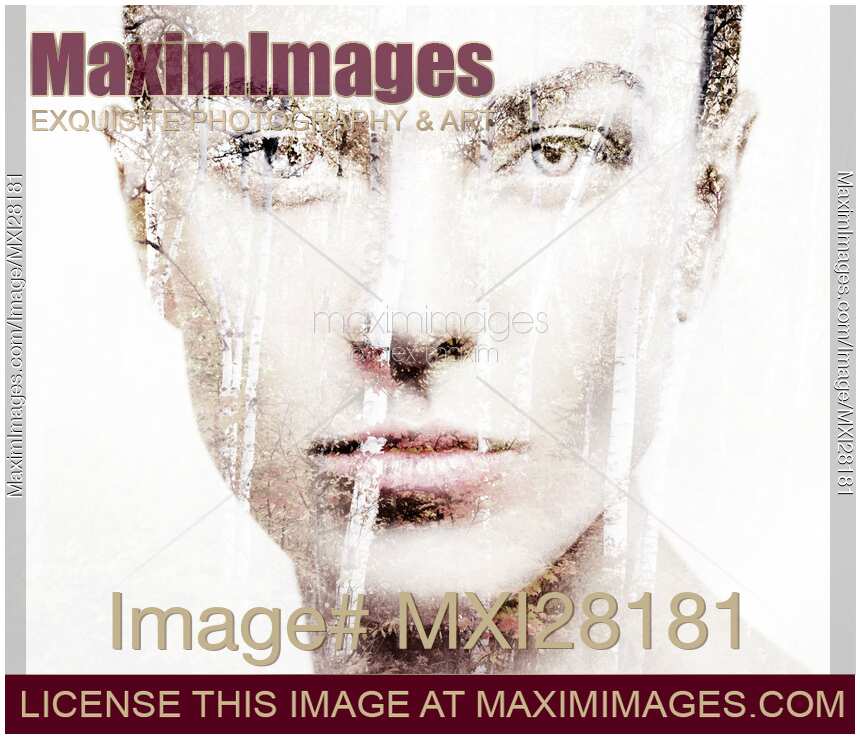 Artistic portrait of woman face overlayed on nature scenery