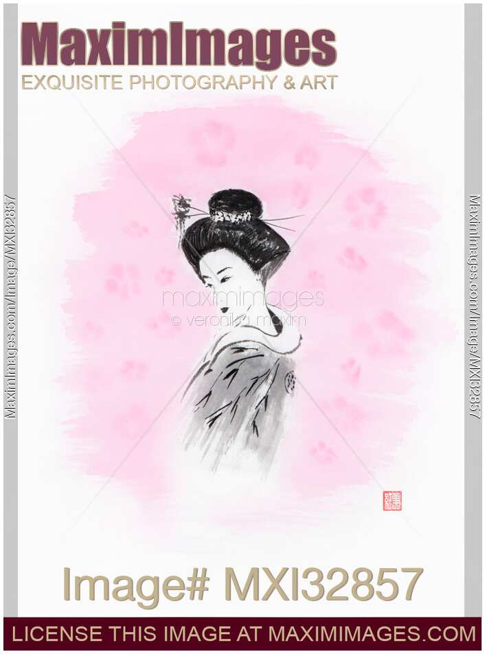 Artistic portrait painting of a beautiful thoughtful geisha in kimono with a traditional hairstyle