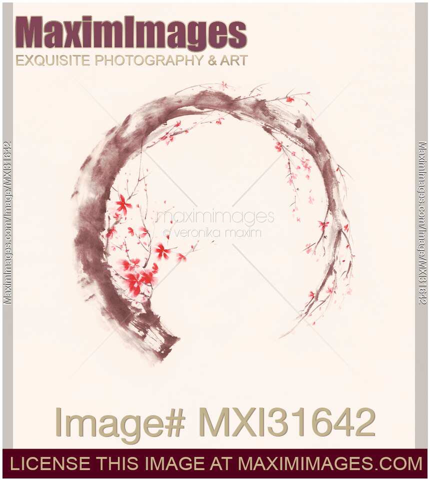Artistic sumi-e illustration of a blossoming sakura branch in a shape of the Enso ring Zen concept
