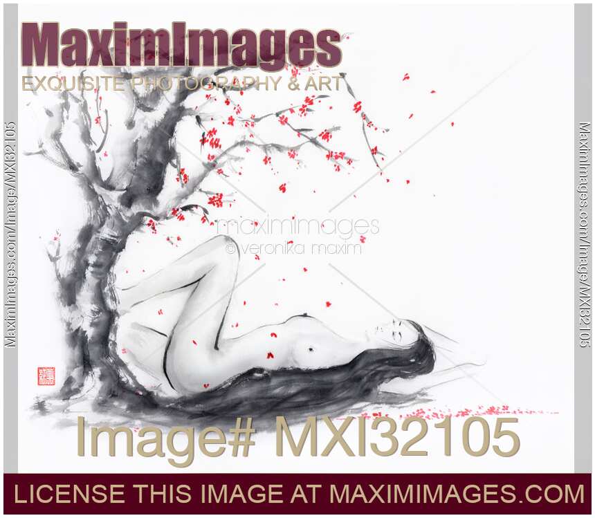 Artistic sumi-e nude portrait of a young girl under a blossoming sakura tree