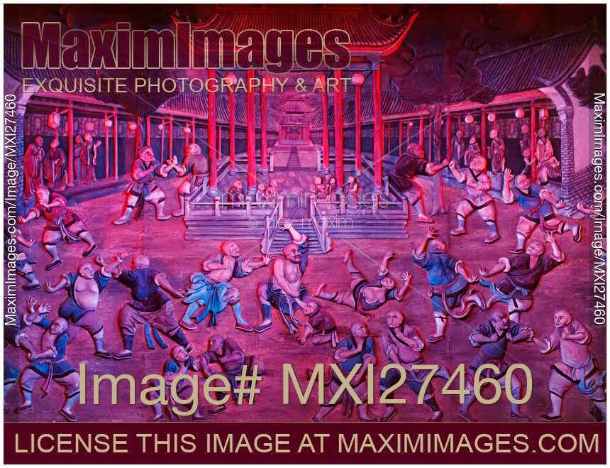 Artwork of Shaolin monks practicing in front of the Temple