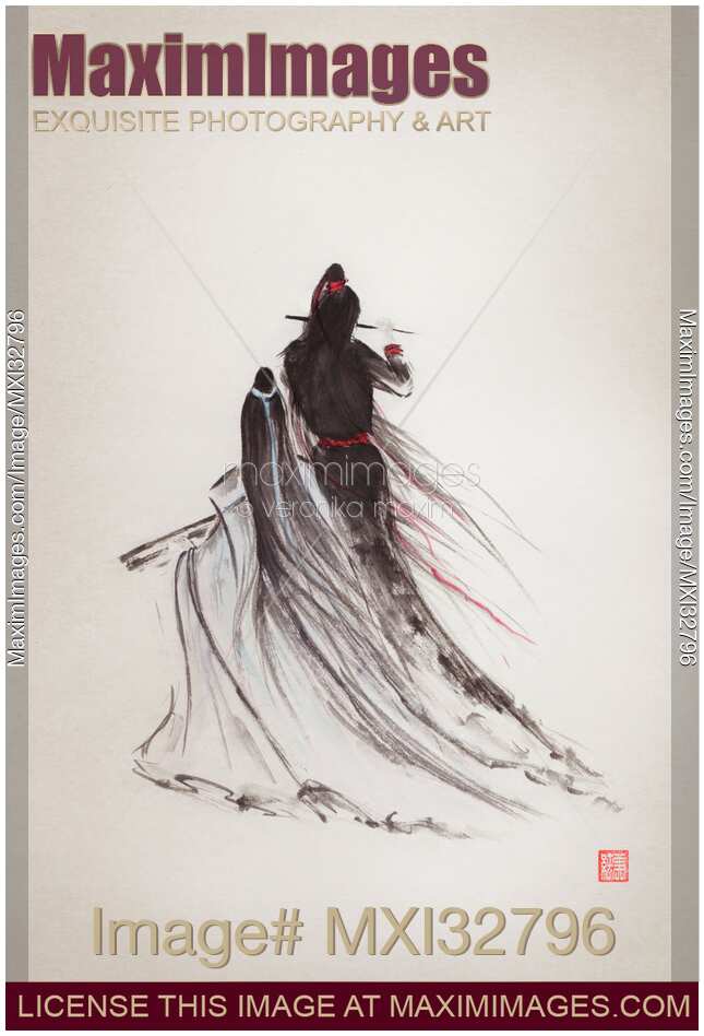 Asian couple playing music together Chinese brush artwork fine art painting