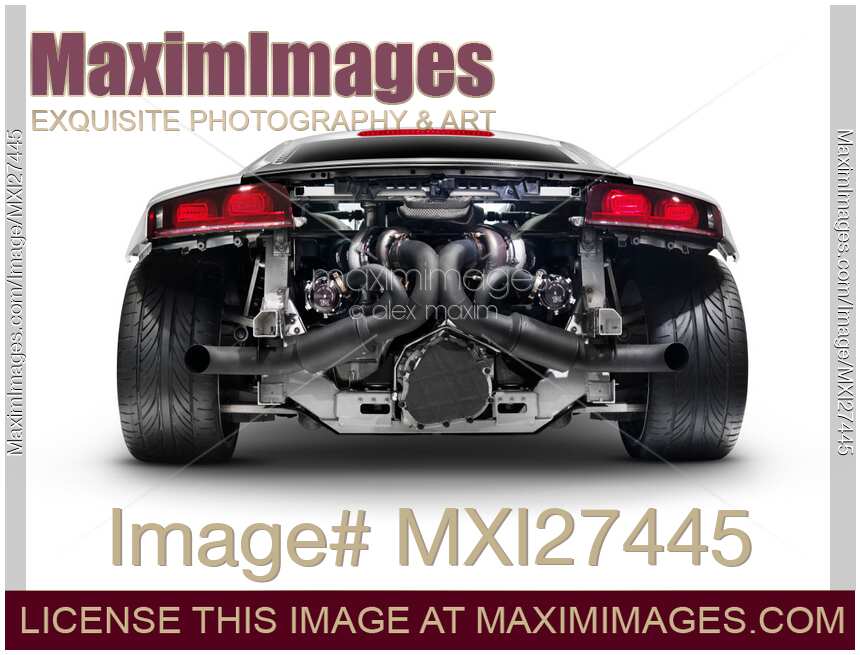 Audi Quattro R8 Turbo sports car rear view with exposed engine