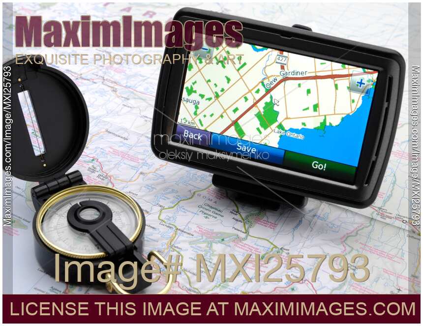 Automotive GPS on map with compass